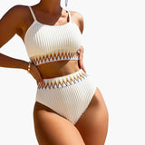 Damen-Bikini-Set mit geripptem Top und Bikinihose mit hoher Taille – Weiß