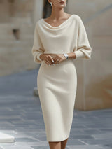 Amyy - Elegantes Midi Kleid Mit Langen Ärmeln – Beige