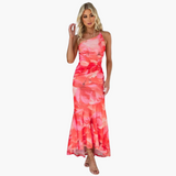 One Shoulder Blumenkleid für Damen - Elegantes Sommerkleid – Rot