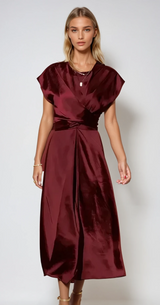 Damen Kurzarm Wickel Midi Hochzeitsgast Kleid – Rot