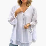 Halb-Zip Langarmshirt - Damen V-Ausschnitt Oberteil Casual – Weiß