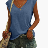Damen V-Ausschnitt Top mit Cap-Ärmeln und Stretchmaterial – Blau