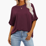 Damen Oversize T-Shirt mit Rundhals und kurzen Ärmeln – Weinrot