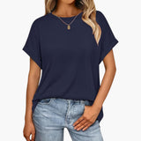 Damen Oversize T-Shirt mit Rundhals und Umschlagärmeln – Marineblau