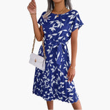 Sommerkleid Damen - Blumenkleid mit Gürtel und Kurzarm – Königsblau