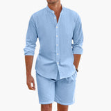 Herren Sommer Zweiteiler aus Leinenmix mit Hemd und Shorts – Himmelblau