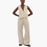 Zweiteiler mit V-Ausschnitt leinen - Damen Sommer Zweiteiler – Beige