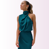 Fiona | Elegantes Abendkleid Mit Hohem Kragen – Blaugrün
