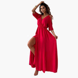 Maxikleid mit V-Ausschnitt und Schlitz – Damen Abendmode – Rot
