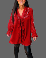 Moxie – Rüschenbluse mit V-Ausschnitt und funkelnden Pailletten – Rot