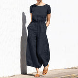 Gerader Jumpsuit mit Falten am Revers ohne Gürtel - Nora – Schwarzes Kurzarm