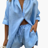 Zweiteiler Set für Damen - mit Knopfleiste und Shorts – Blau