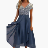 Midikleid für Damen - Elegant mit Pailletten & Chiffonrock – Silber Blau