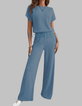Paula | Damen Rippstrick-Set Kurzarm Top Weite Hose Casual – Blau