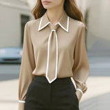 Cici | Damen Bluse Krawatte Kontrastpaspel Langarm Elegant – Beige