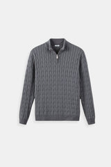 Eleganter Zopfstrickpullover mit Reißverschluss – Grau