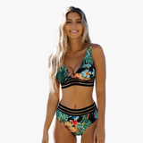 Tropischer Bikini - Damen High Waist Zweiteiler mit Kontrast – Schwarz
