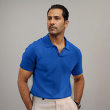 Herren Texturierte Offener Kragen Poloshirt – Blau