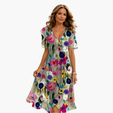 Midikleid für Damen - Elegant, Blumenmuster & V-Ausschnitt – Mehrfarbig