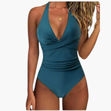 Karierter Sommer-Badeanzug - Damen Einteiler mit V-Ausschnitt – Blau