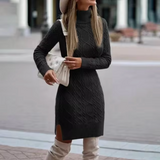 Damen Langarm Strickkleid | Midi – Schwarz
