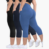 Capri-Leggings Set - Für Damen mit hoher Taille Sport – Schwarz/Marineblau/Hellblau