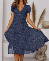 BelleRue - Bedrucktes Chiffonkleid mit kurzen Ärmeln und V-Ausschnitt für Damen – Marineblau