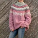 Norweger Grobstrickpullover Damen | Winterpullover Mit Rundhalsausschnitt – Rosa