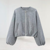 Cropped Damen Übergangsjacke – mit Ballonärmeln & modernem Schnitt – Grau