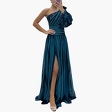 Gestreiftes One-Shoulder - Damen Maxikleid mit Schlitz elegant – Marineblau
