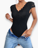 Damen Eleganter V-Ausschnitt Bodysuit | Kurzer Ärmel – Schwarz