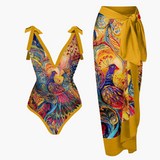 Badeanzug-Set für Damen - mit Blumenmuster und Pareo-Überwurf – Gelb