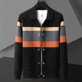 Cole | Herren Strickjacke Streifen Snap-Button Varsity Herbst – Schwarz-Orange