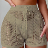 Ajour Kurze Hose mit hoher Taille für Damen, schicke und lässige Strandmode für Urlaub und Freizeit – Khaki