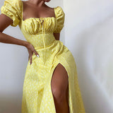 Lucía - Geblümtes Kleid mit Puffärmeln – Gelb