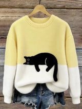 Zaidia – Gemütlicher Strickpullover Mit Süßer Katze – Gelb