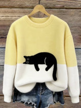 Aiste - Lässiger Pullover Mit Katzenmotiv – Gelb