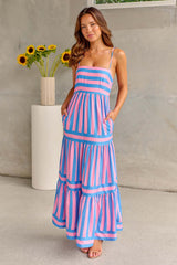 Dalia - Rosa und blau gestreiftes Maxikleid – Rosa