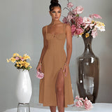 Renata - Midikleid mit Korsett und Öffnung – Caramello