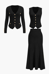 Estelle | Strick-Set mit Blazer, Weste & Midirock – Schwarz