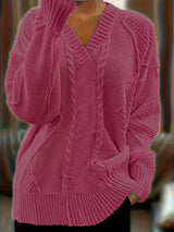 Tzvia - Lässiger Strick Pullover Mit V Ausschnitt – Rosenrot