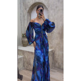 Sofia - Plissiertes, schulterfreies Kleid mit Blumenmuster – Blau