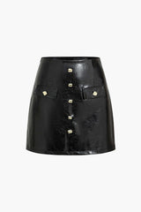 Callista | Eleganter Lackleder-Minirock mit Goldknöpfen und Ziertaschen – Schwarz