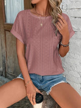 Damen Shirt | Rundhals mit Lochmuster und Kurzarm – Rosa