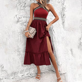 Samira - Midikleid mit Schlitz und Neckholderausschnitt – Rot