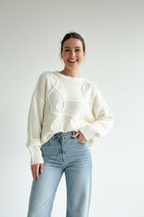 Sienna | Übergroßer Strickpullover Damen Rundhalsausschnitt – Weiß