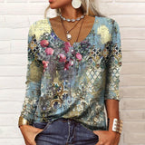 Leire | Langarm-T-Shirt mit U-Ausschnitt, geometrischem Blumendruck und Knöpfen – Blau