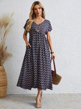 Aganietta - Neues Vintage-Kleid mit V-Ausschnitt aus Leinen und Baumwolle – Marine