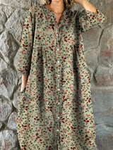 Damen Vintage Floral Shirt Kleid mit Taschen – Khaki