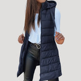 Drune | Frauen langes Gilet mit Kapuze gepolsterter Winter-Puffer – Marine